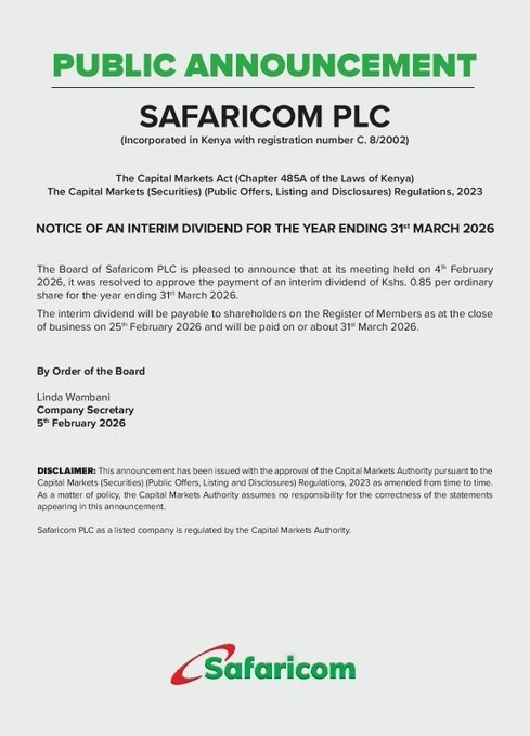 Safaricom Dividends announcement february 2026