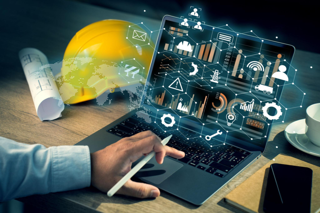 A high-tech logistics environment showing automation, smart warehouses, and digital tracking systems in action.